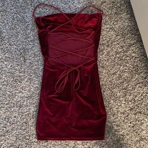 Red Velvet Dress with Cowl Neck and Strapped Back from Lucy in the Sky, Size 4
